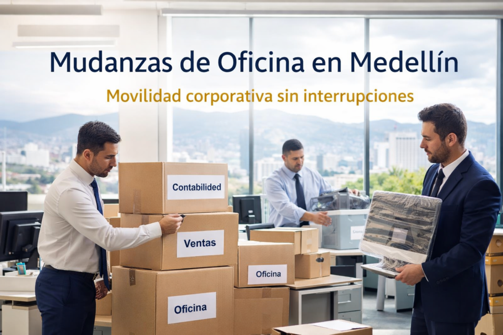 Equipo de mudanza profesional trasladando escritorios de oficina en Medellín con protección